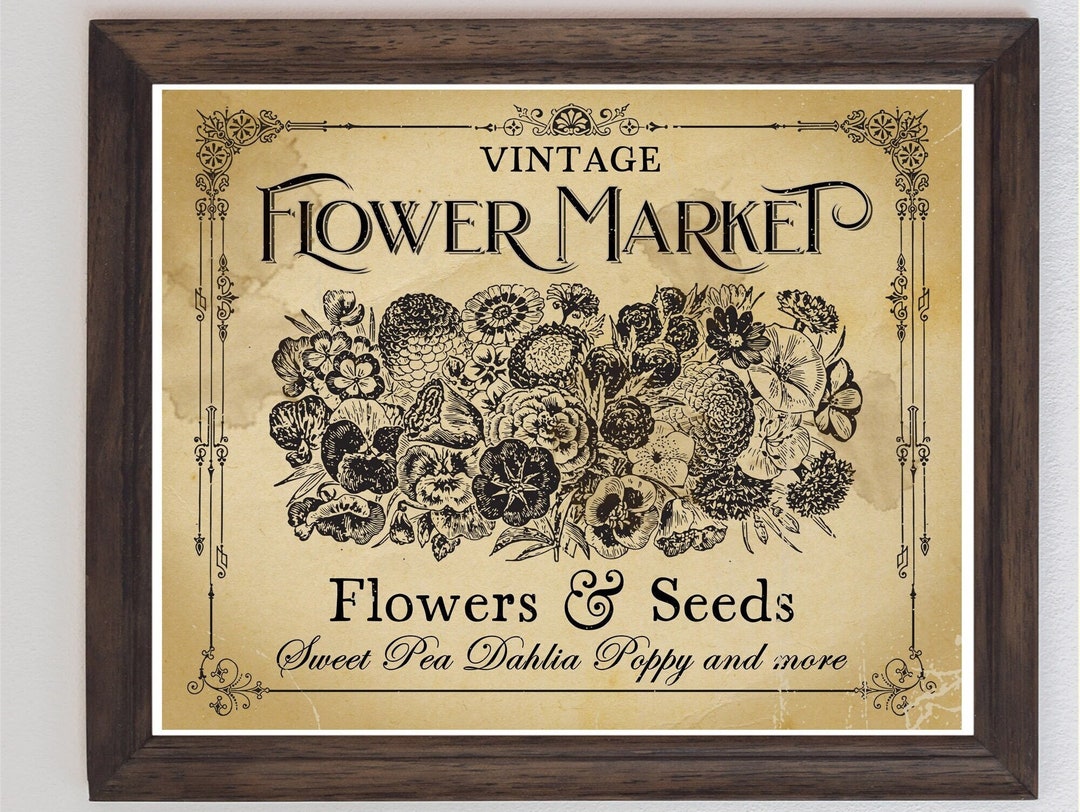 Vintage Flower Market Sign, Poster, Botanical Wall Art, Flowers Sketch