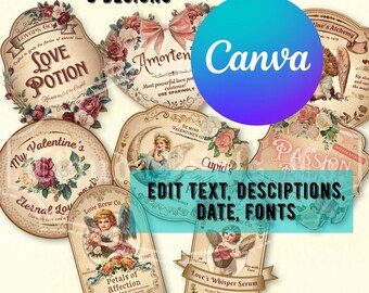 Etykiety na walentynkowe eliksiry miłosne, edytowalny szablon Canva (pobranie cyfrowe)