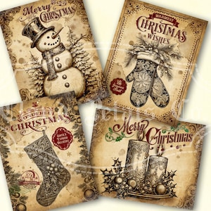 Vintage Frohe Weihnachten Etiketten druckbare, Weihnachtsdekor, Weihnachtsstrumpf Tags, Handschuhe, Kerzen, Schneemann, DIY Handwerk, digitaler Download