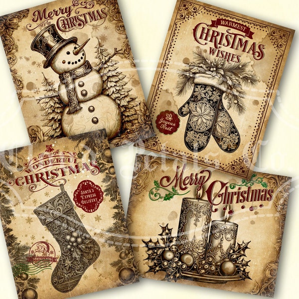 Vintage Merry Christmas Labels printable, Xmas decor, Christmas stocking tags, mittens, candles, Snowman, DIY craft, digital download
