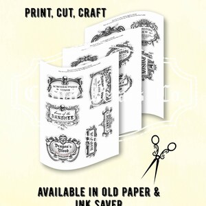 Puede incluir: Hojas de etiquetas de Halloween de estilo g&oacute;tico vintage con dise&ntilde;os ornamentados en blanco y negro. Las etiquetas presentan textos como "Dragon's Blood" y "Curse of the Banshee". La imagen tambi&eacute;n incluye el texto "Print, Cut, Craft" y "15 Labels".