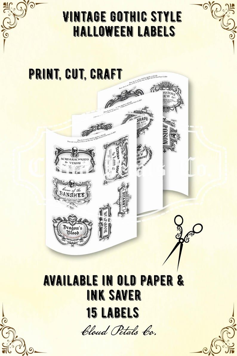 Puede incluir: Hojas de etiquetas de Halloween de estilo g&oacute;tico vintage con dise&ntilde;os ornamentados en blanco y negro. Las etiquetas presentan textos como "Dragon's Blood" y "Curse of the Banshee". La imagen tambi&eacute;n incluye el texto "Print, Cut, Craft" y "15 Labels".