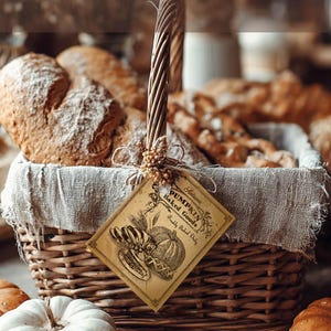 May include: A rustic wicker basket filled with baked goods, a decorative tag that reads "Autumn Pumpkin Baked Goods", and a white pumpkin. The image also includes the text "Rustic Fall Treats + The Perfect Label" and "Print Cut Craft".