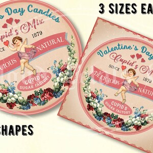 Vintage valentijnsetiketten, afdrukbare valentijnskaartjes, rond, vierkant, traktatiezakjesetiketten, snoepzakjesetiketten, cupido-afbeelding, digitale download