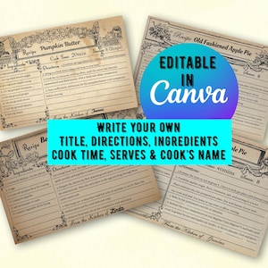 Bewerkbare ouderwetse receptenkaart, Canva-sjabloon, oud papier digitaal, scrapbooking receptendagboek, afdrukbare receptenkaart, digitale download
