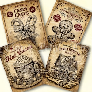 Vintage Weihnachtsetiketten zum Ausdrucken, Weihnachtsbäckerei, Lebkuchen, Zuckerstangen, heißer Kakao, Vorratsdosen, DIY Handwerk, digitaler Download