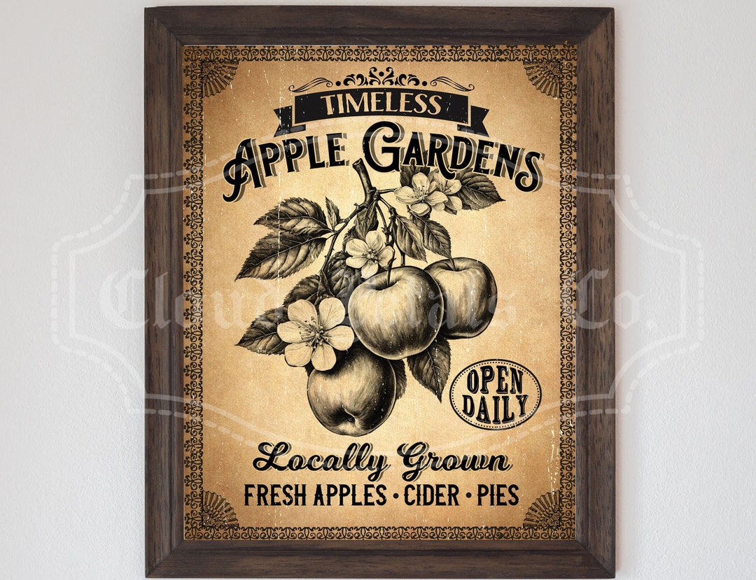 Vintage Apple Garden Sign, Printable Apple Art, Farmhouse Kitchen Decor ...