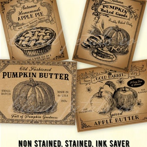 May include: Vintage-style printable art featuring apple and pumpkin-themed designs. Includes illustrations of apple pie, baked goods, pumpkin butter, and spiced apple butter. The prints are 3.5" x 4.5" and are non-stained, stained, and ink-saver.