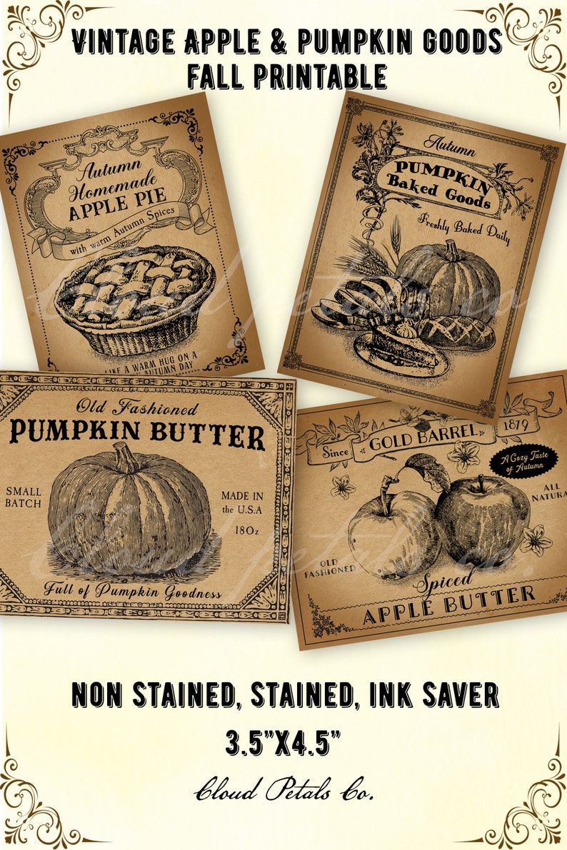 May include: Vintage-style printable art featuring apple and pumpkin-themed designs. Includes illustrations of apple pie, baked goods, pumpkin butter, and spiced apple butter. The prints are 3.5" x 4.5" and are non-stained, stained, and ink-saver.
