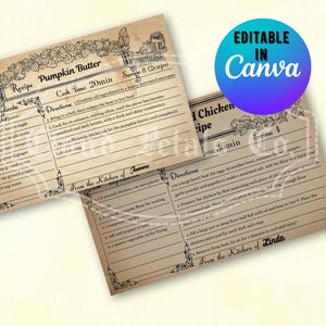 May include: Vintage-style editable recipe card with a pumpkin butter recipe and a chicken recipe. The cards have a sepia tone with decorative floral borders and the text "Editable in Canva."