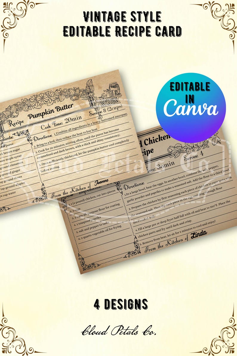 May include: Vintage-style editable recipe card with a pumpkin butter recipe and a chicken recipe. The cards have a sepia tone with decorative floral borders and the text "Editable in Canva."