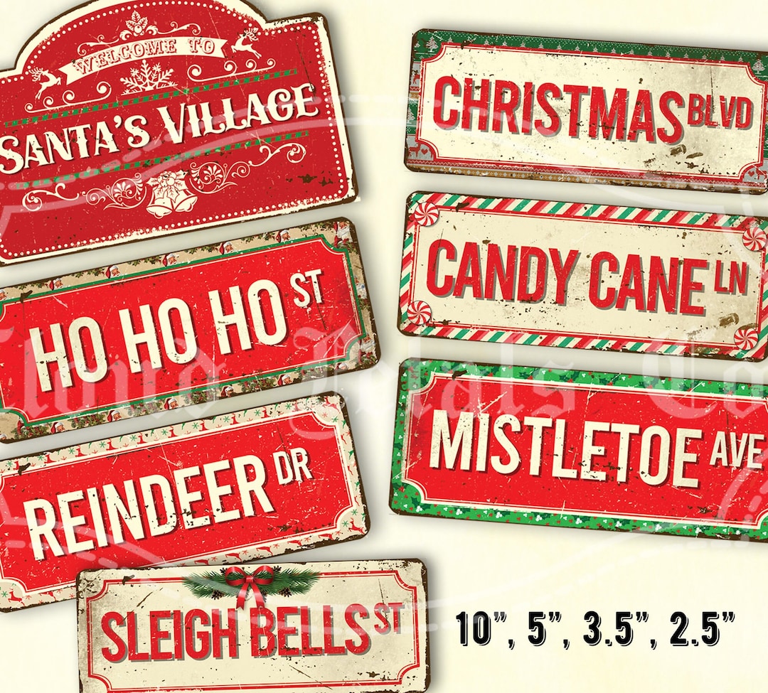 Vintage Christmas Signs, Printable Santa Village Road Signs, Retro