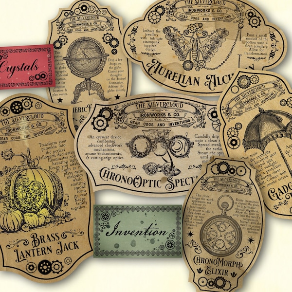 Vintage Steampunk Halloween Labels printable #2, Steampunk Apothecary bottle jar tags, Magic potion Fantasy craft label, digital download