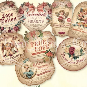 Etiketten liefdesdrankje, vintage Victoriaanse valentijnskaarten afdrukbaar, cupido decor, valentijnsdag ambacht, etiketten voor potten, digitale download