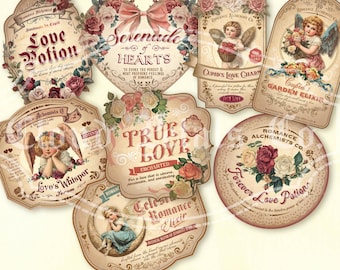 Puede incluir: Una colección de etiquetas de estilo vintage con ilustraciones florales y de querubines. Las etiquetas presentan textos como "Love Potion", "Serenade of Hearts" y "True Love". La paleta de colores incluye beige, rosa y burdeos.