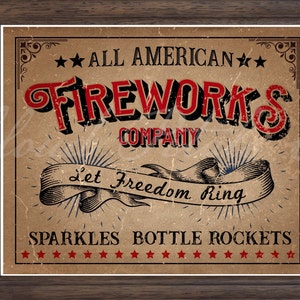 Vintage 4th July Printable, 4th of July Fireworks,  Fireworks Sign wall decor, Patriotic Americana art, Let freedom ring, Independence day