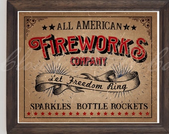 Letrero de fuegos artificiales vintage, 4 de julio, imprimible (descarga digital)