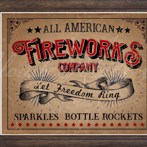 Vintage 4th July Printable, 4th of July Fireworks,  Fireworks Sign wall decor, Patriotic Americana art, Let freedom ring, Independence day