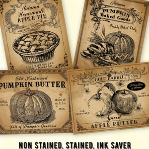 May include: Vintage-style printable art featuring apple and pumpkin goods. The design includes illustrations of apple pie, baked goods, pumpkin butter, and spiced apple butter. The print measures 3.5" x 4.5" and is available in non-stained, stained, and ink-saver options.