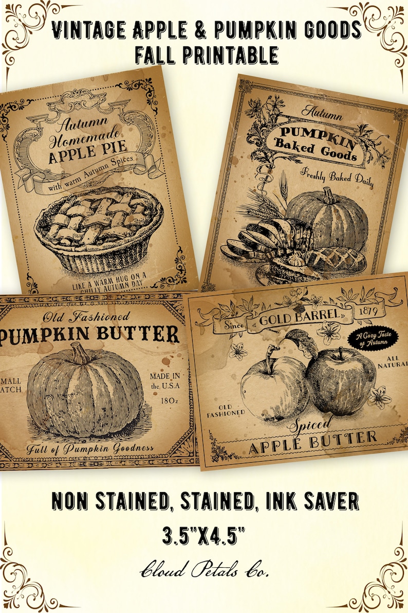 May include: Vintage-style printable art featuring apple and pumpkin goods. The design includes illustrations of apple pie, baked goods, pumpkin butter, and spiced apple butter. The print measures 3.5" x 4.5" and is available in non-stained, stained, and ink-saver options.