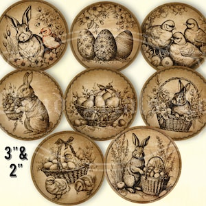 Vintage Ostern Runde Anhänger, druckbare Osterdekor, runde Osteranhänger 3 "und 2" , Ostereier, Korb, Kaninchen, DIY Ostern Handwerk, digitaler Download