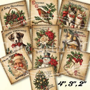 carrés de Noël vintage, étiquettes de Noël imprimables, 4", 3" 2", décoration de Noël, travaux manuels de Noël, décorations de Noël bricolage, téléchargement numérique