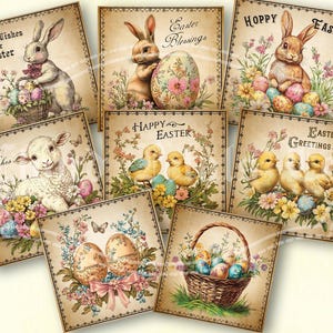 May include: A collection of vintage-style Easter cards featuring bunnies, lambs, chicks, and decorated eggs. Each card has floral accents and text such as "Good Wishes for Easter" and "Happy Easter". The cards have a sepia tone.