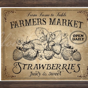 Vintage Farmers Market sign, printable Strawberry decor, stawberry farm fresh sign, farmhouse wall art, image transfer,PNG