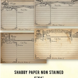 May include: Vintage blank recipe cards with decorative floral and scroll accents. Each card features space for ingredients, cook times, and directions. The cards are 6"x4" and made of shabby paper.