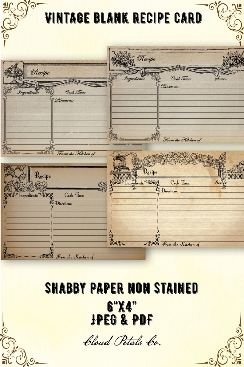 May include: Vintage blank recipe cards with decorative floral and scroll accents. Each card features space for ingredients, cook times, and directions. The cards are 6"x4" and made of shabby paper.