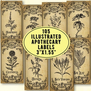 Vintage Apothecary Witchcraft labels printable, medicinal herbs, spice, botanical jars labels, witch kitchen, wicca digital download
