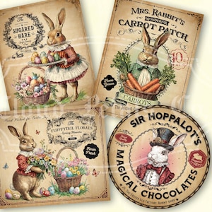 May include: Vintage-style Easter-themed prints featuring rabbits. One print shows a rabbit with a basket of eggs and flowers. Another depicts a rabbit with carrots, and a third shows a rabbit with chocolates. The prints have a rustic, aged appearance.