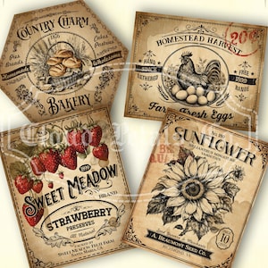 Etiquetas de cocina vintage, etiquetas imprimibles para frascos, decoración de cocina primitiva, manualidades DIY, panadería, huevos frescos de granja, fresa, descarga digital