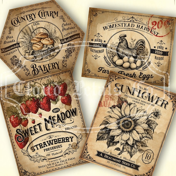 Vintage kitchen labels, printable labels for jars, primitive kitchen decor, DIY craft, bakery, farm fresh eggs, strawberry, digital download