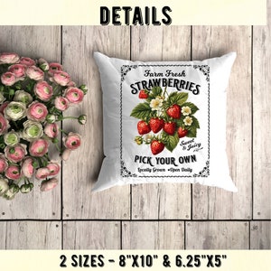 May include: White cushion featuring a vintage strawberry design. The design includes the text "Farm Fresh Strawberries" and "Pick Your Own." Available in two sizes: 20.3cm x 25.4cm and 15.9cm x 12.7cm.