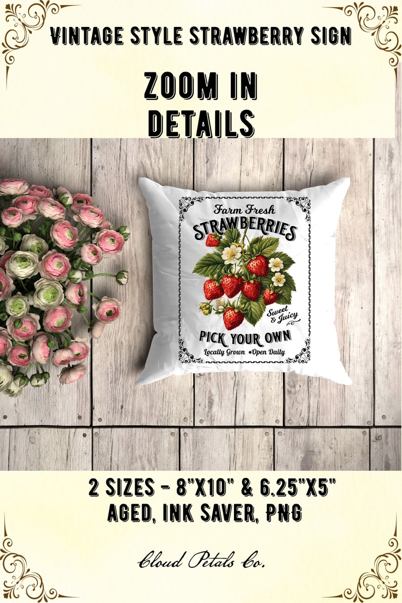 May include: White cushion featuring a vintage strawberry design. The design includes the text "Farm Fresh Strawberries" and "Pick Your Own." Available in two sizes: 20.3cm x 25.4cm and 15.9cm x 12.7cm.