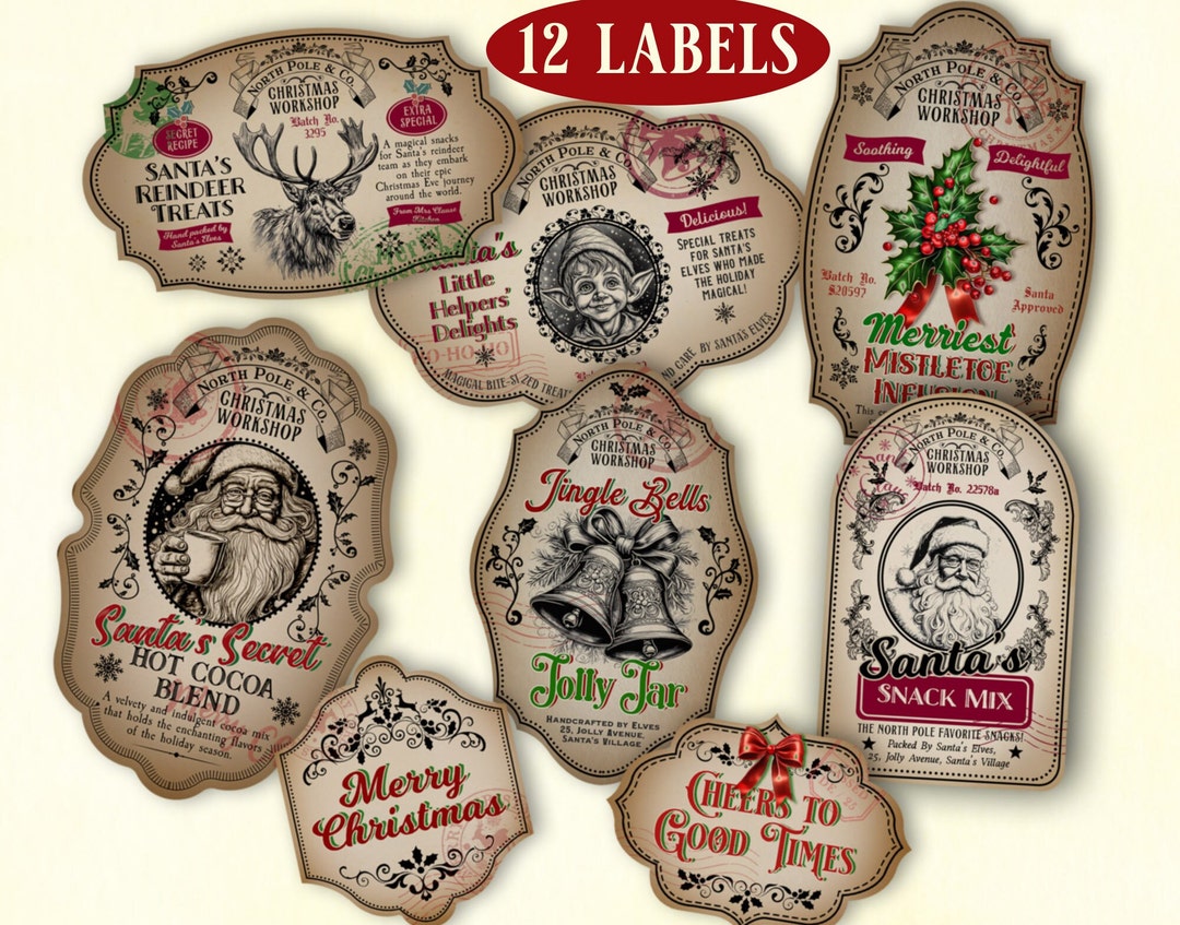 Vintage Christmas Labels for Jars, Printable Christmas Bottle Labels, Santa Labels, Xmas Tags
