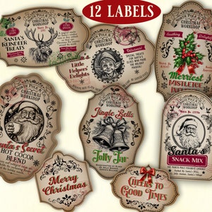 Vintage Weihnachtsetiketten für Gläser, bedruckbare Weihnachtsetiketten, Flaschenetiketten, Weihnachtsetiketten, Weihnachtsetiketten, Dekor, digitaler Download