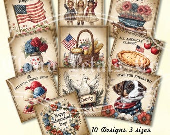 Vintage 4th of July Squares, Printable Americana Tags (Digital Download)