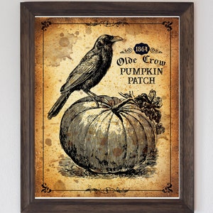 Vintage Halloween Pumpkin Crow Print, Victorian Fall Decor (Digital Download)