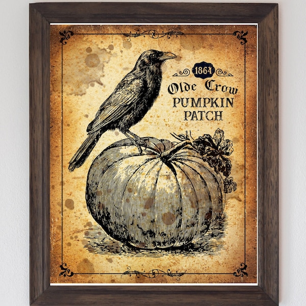 Vintage Halloween Pumpkin and crow sign, Victorian Halloween Pumpkin patch, Fall decor, raven digital download, PNG