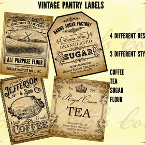 May include: Vintage pantry labels with a sepia tone. The labels feature text such as "All Purpose Flour", "Sugar", "Coffee", and "Tea". The labels have decorative borders and vintage illustrations. The image also includes the text "4 Different Designs" and "3 Different Styles".