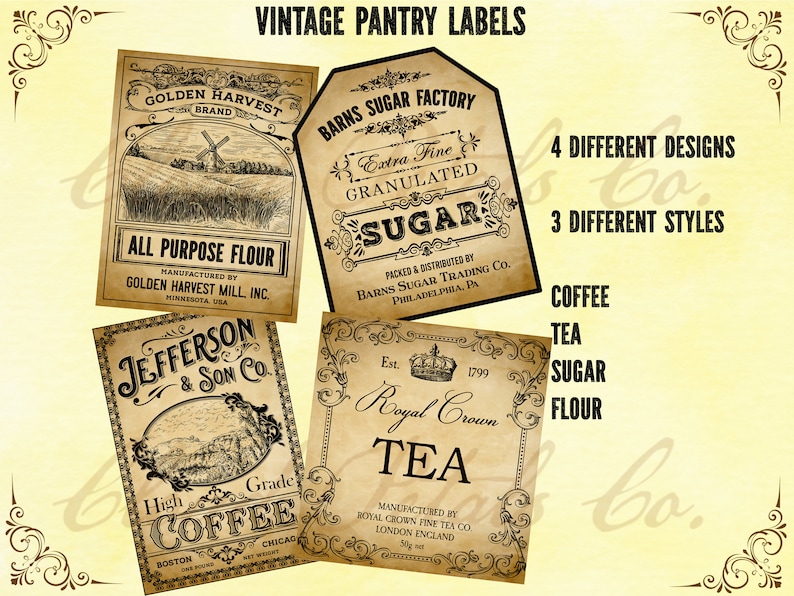 May include: Vintage pantry labels with a sepia tone. The labels feature text such as "All Purpose Flour", "Sugar", "Coffee", and "Tea". The labels have decorative borders and vintage illustrations. The image also includes the text "4 Different Designs" and "3 Different Styles".