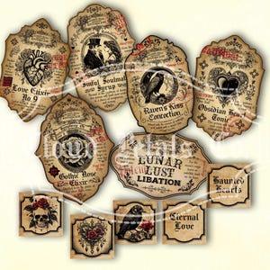 Etiquetas góticas para pociones de San Valentín, decoración de frascos de boticario de brujería (descarga digital) imagen 2