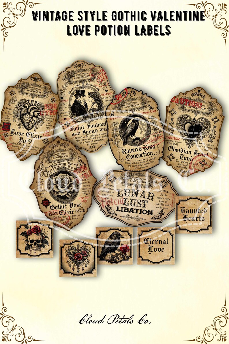 Etiquetas góticas para pociones de San Valentín, decoración de frascos de boticario de brujería (descarga digital) imagen 2