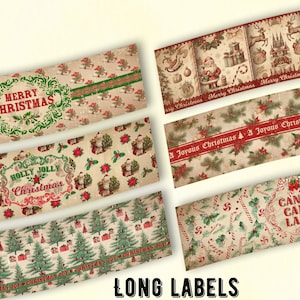 Etichette per bottiglie di Natale vintage stampabili, etichette lunghe per barattoli, lattine, lattine, etichette avvolgenti, decorazioni natalizie, download digitale