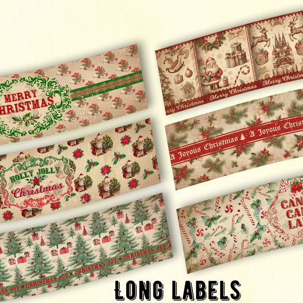 Etichette per bottiglie di Natale vintage stampabili, etichette lunghe per barattoli, lattine, lattine, etichette avvolgenti, decorazioni natalizie, download digitale