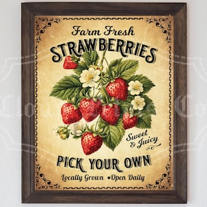 enseigne vintage aux fraises, art mural imprimable aux fraises, décoration de ferme vintage, enseigne DIY, téléchargement numérique