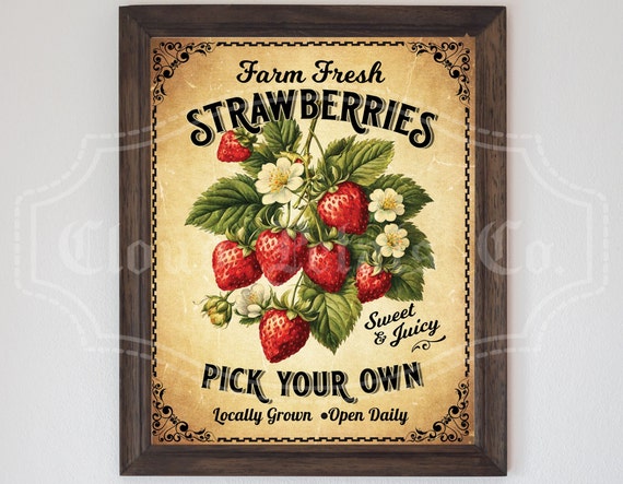 Vintage Strawberry Farmhouse Sign, Printable Wall Art (Digital Download)