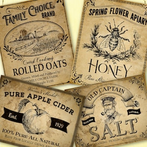 Vintage Kitchen Label  primitive farmhouse printable jar label pantry kitchen canning label, salt honey oats apple cider craft label